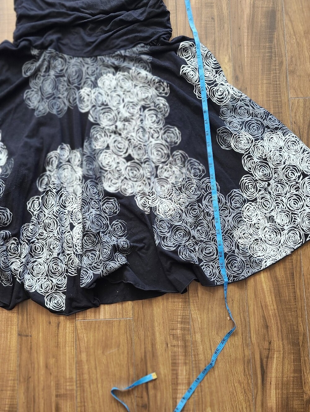 She Swishes! Black Midi Dress with White Swirl Print
